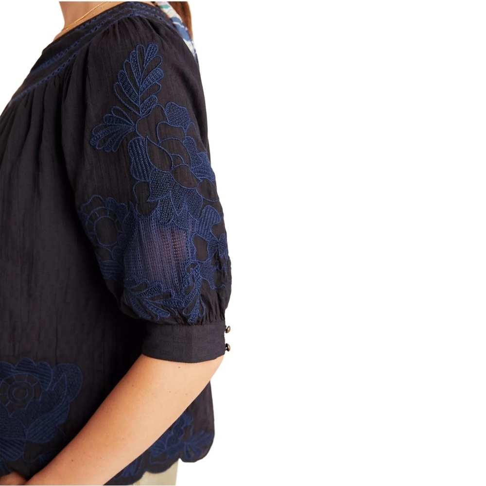 Anthropologie Black Navy Salma Embroidered Lined Peasant Blouse Size 0 - Picture 3 of 12
